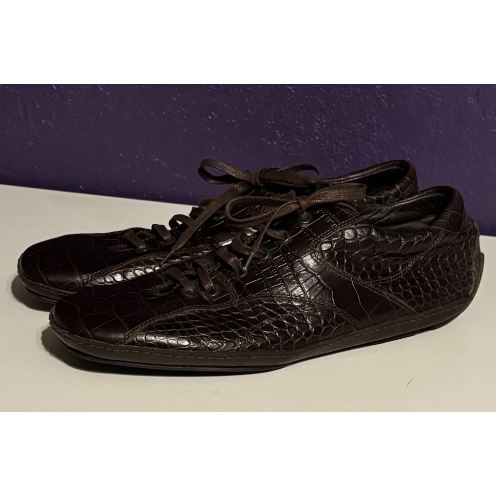Zegna Embossed Alligator Print Shoes Brown Leather Lace Up Men's Size 9 D Rare